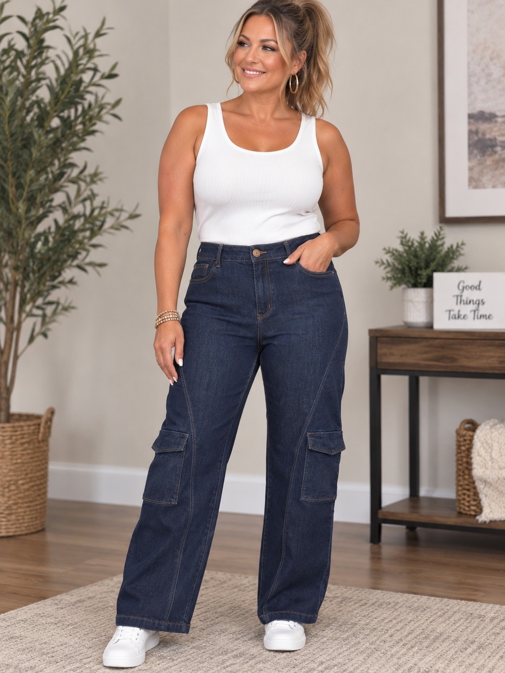 Democracy Dark Indigo Wide-Leg Cargo Jeans